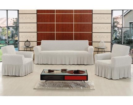 Altınkoza Pamuklu - Polyester Fırfırlı Süngersiz Petek Desenli Giydirmeli Lastikli Beyaz Dörtlü Koltuk Örtüsü 180x230 cm