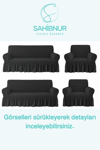 Sahibnur Pamuklu - Polyester Bürümcük Jakarlı Süngersiz Geometrik Desenli Giydirmeli Siyah Dörtlü Koltuk Örtüsü 180x230 cm