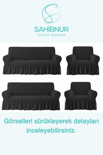Sahibnur Pamuklu - Polyester Bürümcük Jakarlı Süngersiz Geometrik Desenli Giydirmeli Siyah Dörtlü Koltuk Örtüsü 180x230 cm