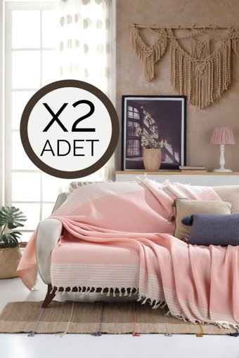 Lux Touch Bergama Pamuklu Püsküllü Süngersiz Geometrik Desenli Somon İkili Koltuk Örtüsü 180x200 cm