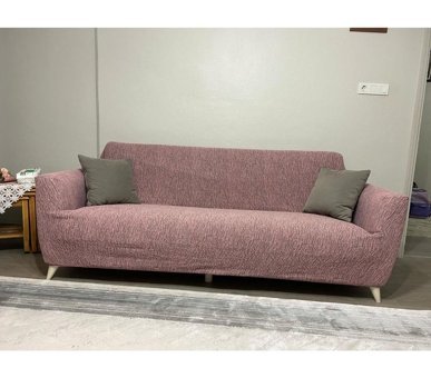 Uyumev Pamuklu - Polyester Bürümcük-Likralı Jakarlı Süngerli Çizgili Giydirmeli Gül Kurusu Tekli Koltuk Örtüsü 180x230 cm