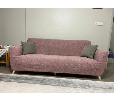 Uyumev Pamuklu - Polyester Bürümcük-Likralı Jakarlı Süngerli Çizgili Giydirmeli Gül Kurusu Tekli Koltuk Örtüsü 180x230 cm