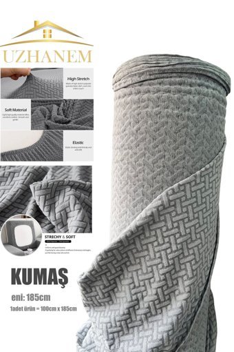 Uzhanem Pamuklu - Polyester Likralı Jakarlı Süngerli Geometrik Desenli Giydirmeli Gri Tekli Koltuk Örtüsü 100x180 cm
