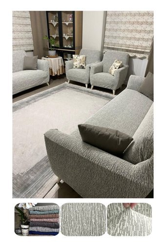 Etles Home Pamuklu - Polyester Likralı Jakarlı Süngersiz Armürlü Giydirmeli Bej Sekizli Koltuk Örtüsü 185x220 cm