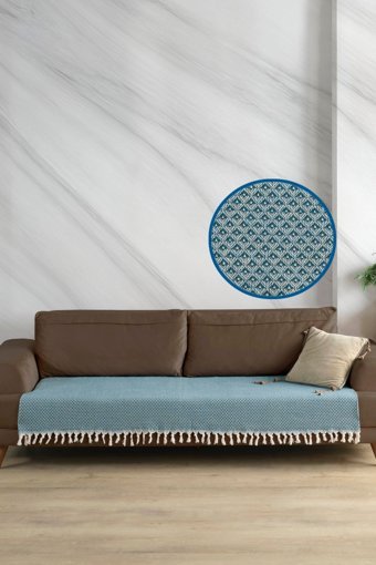 Ladynil Pamuklu Saçaklı Süngersiz Geometrik Desenli Mavi Tekli Koltuk Örtüsü 115x201 cm