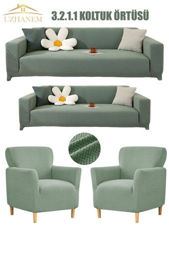 Uzhanem Polyester Bürümcük-Likralı Süngerli Geometrik Desenli Giydirmeli Yeşil Dörtlü Koltuk Örtüsü 180x230 cm