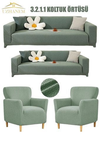 Uzhanem Polyester Bürümcük-Likralı Süngerli Geometrik Desenli Giydirmeli Yeşil Dörtlü Koltuk Örtüsü 180x230 cm