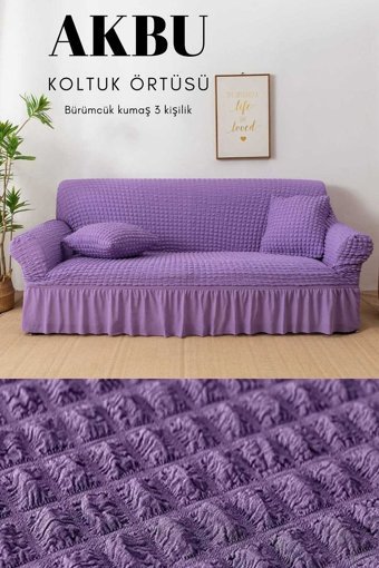 Akbu Pamuklu - Polyester Bürümcük Fırfırlı Süngersiz Giydirmeli Lastikli Mor Tekli Koltuk Örtüsü 183x230 cm