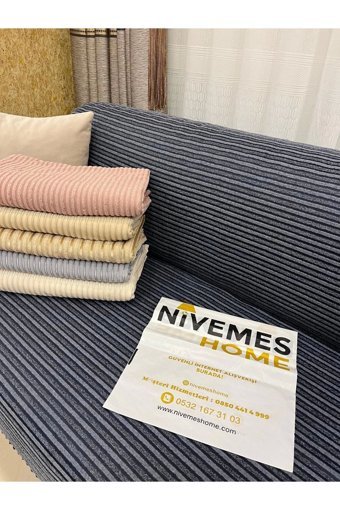 Nivemes Home Pamuklu - Polyester Fitilli Süngersiz Çizgili Gri Tekli Koltuk Örtüsü 200x150 cm