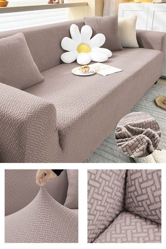 Faiend Jakarlı Süngersiz Tuğla Desenli Giydirmeli Vizon Üçlü Koltuk Örtüsü 230x180 cm