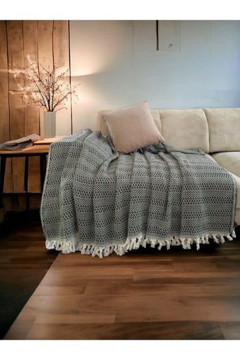 Casa Home Pamuklu Kanvas Püsküllü Süngersiz Armürlü Siyah Üçlü Koltuk Örtüsü 210x237 cm