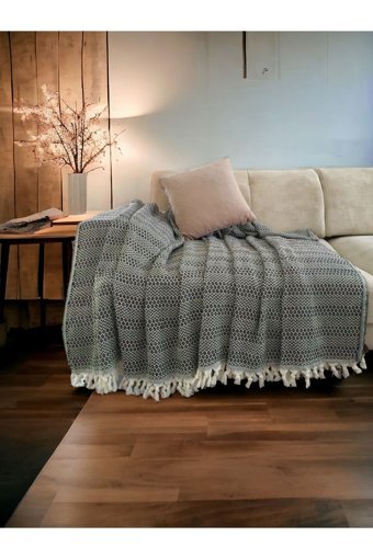 Casa Home Pamuklu Kanvas Püsküllü Süngersiz Armürlü Siyah Üçlü Koltuk Örtüsü 210x237 cm