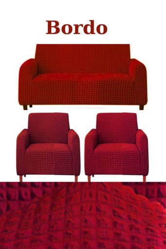 Uytm Polyester Bürümcük-Likralı Süngerli Çizgili Giydirmeli Bordo Üçlü Koltuk Örtüsü 180x230 cm