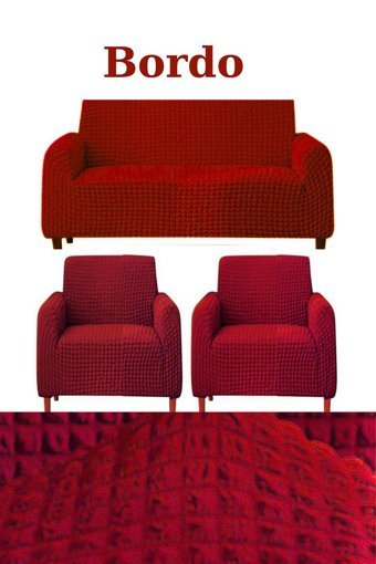 Uytm Polyester Bürümcük-Likralı Süngerli Çizgili Giydirmeli Bordo Üçlü Koltuk Örtüsü 180x230 cm