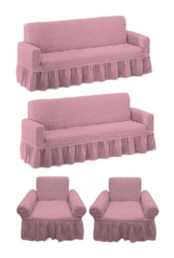 Heytgah Polyester Bürümcük-Likralı Fırfırlı Süngersiz Kapitone Giydirmeli Pembe 3-3-1-1 Koltuk Örtüsü 80x120 cm