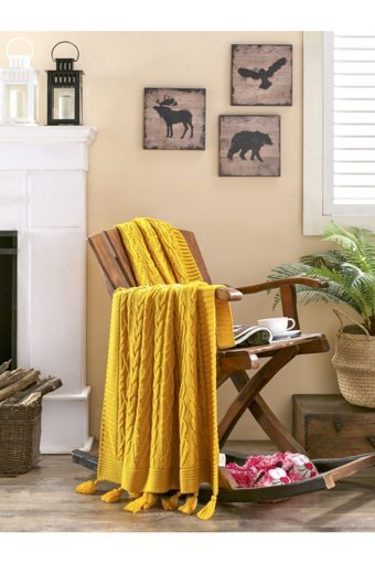 Betires Home TA-13002 Akrilik-Pamuklu Püsküllü Süngersiz Hardal Tekli Koltuk Örtüsü 130x170 cm