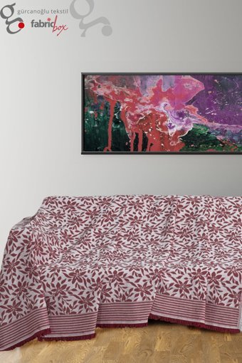 Fabric Box Pamuklu Saçaklı Süngersiz Çiçek Desenli Bordo Üçlü Koltuk Örtüsü 170x220 cm