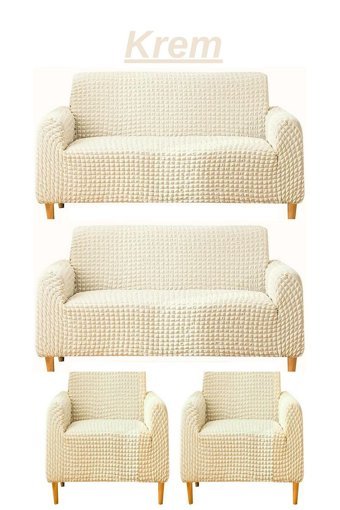 Heytgah Polyester Bürümcük Fırfırlı Süngersiz Kapitone Giydirmeli Krem L Koltuk Koltuk Örtüsü 180x230 cm