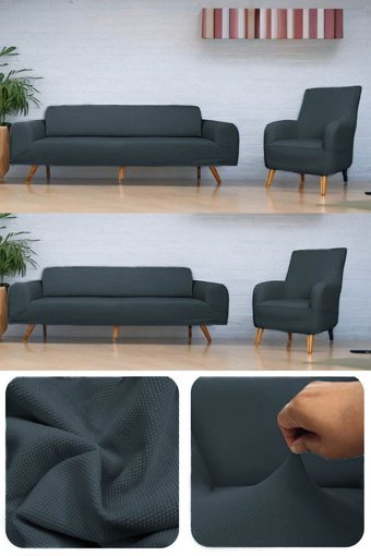 Riseler Home Polyester Likralı Jakarlı Süngersiz Petek Desenli Giydirmeli Gri Üçlü Koltuk Örtüsü 180x240 cm