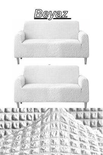 E Bahar Polyester Bürümcük Jakarlı Süngersiz Armürlü Giydirmeli Beyaz Altılı Koltuk Örtüsü 180x230 cm