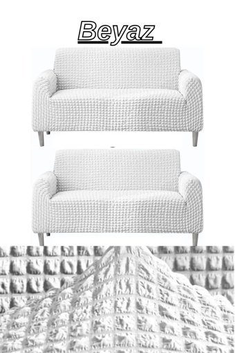 E Bahar Polyester Bürümcük Jakarlı Süngersiz Armürlü Giydirmeli Beyaz Altılı Koltuk Örtüsü 180x230 cm