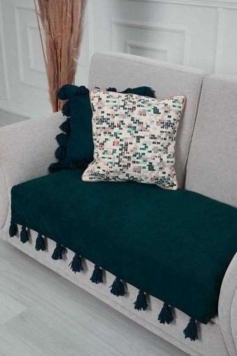 Aisha's Design KO-19-IK Polyester Örgü Püsküllü Süngersiz Düz Mavi Tekli Koltuk Örtüsü 90x155 cm