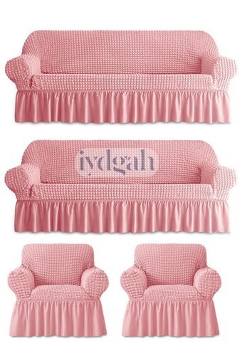 Iydgah Polyester Bürümcük-Likralı Fırfırlı Süngersiz Kapitone Giydirmeli Pembe 3-3-1-1 Koltuk Örtüsü 180x230 cm