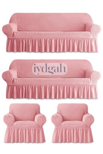 Iydgah Polyester Bürümcük-Likralı Fırfırlı Süngersiz Kapitone Giydirmeli Pembe 3-3-1-1 Koltuk Örtüsü 180x230 cm