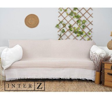 Melonie Pamuklu Saçaklı Süngersiz Geometrik Desenli Bej Tekli Koltuk Örtüsü 170x210 cm