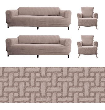 Tuchmall Pamuklu - Polyester Bürümcük-Likralı Jakarlı Süngerli Geometrik Desenli Giydirmeli Kahverengi Dörtlü Koltuk Örtüsü 180x230 cm