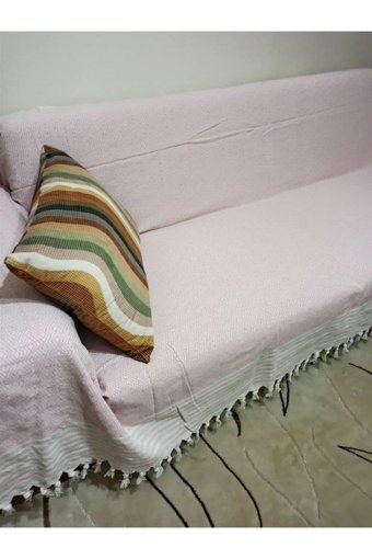 Şener Home Pamuklu Polar Saçaklı Süngersiz Çizgili Pembe Tekli Koltuk Örtüsü 170x301 cm