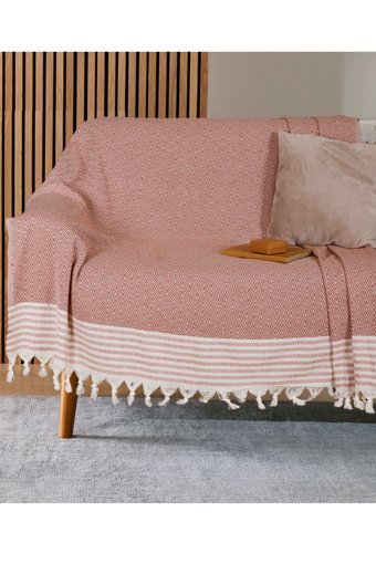Bumedo Pamuklu Kanvas Püsküllü Süngersiz Armürlü Kiremit Üçlü Koltuk Örtüsü 170x210 cm