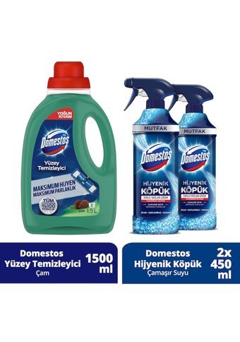 Domestos Çam Kokulu Çamaşır Sulu Yüzey Temizleyici 1.5 lt + Domestos Okyanus Köpük Çamaşır Suyu 2x450 ml