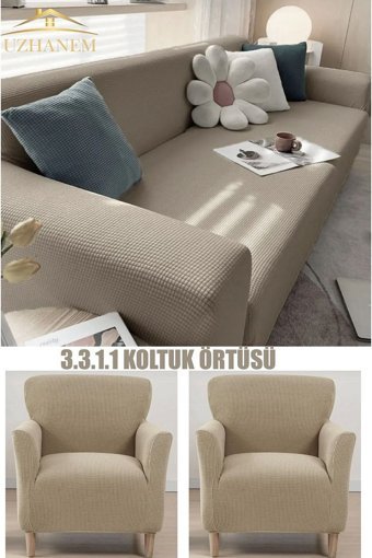 Uzhanem Pamuklu - Polyester Bürümcük-Likralı Süngerli Armürlü Giydirmeli Kahverengi Dörtlü Koltuk Örtüsü 180x230 cm