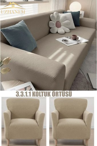 Uzhanem Pamuklu - Polyester Bürümcük-Likralı Süngerli Armürlü Giydirmeli Kahverengi Dörtlü Koltuk Örtüsü 180x230 cm