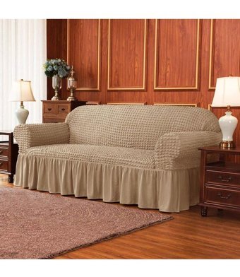 Nurlan Pamuklu - Polyester Bürümcük Fırfırlı Süngersiz Kareli Giydirmeli Gri Dörtlü Koltuk Örtüsü 180x230 cm