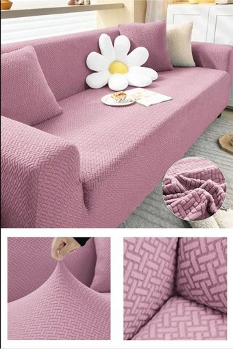 Btf Home Polyester Likralı Jakarlı Süngersiz Armürlü Giydirmeli Lastikli Pembe Üçlü Koltuk Örtüsü 180x230 cm