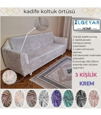 Elgeyar Kadife Likralı Jakarlı Süngersiz Armürlü Giydirmeli Bej Üçlü Koltuk Örtüsü 180x230 cm