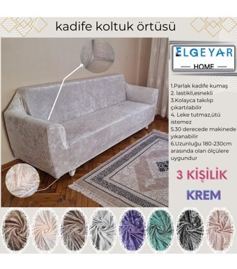 Elgeyar Kadife Likralı Jakarlı Süngersiz Armürlü Giydirmeli Bej Üçlü Koltuk Örtüsü 180x230 cm