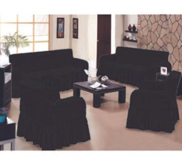 Nera Home Pamuklu - Polyester Bürümcük Fırfırlı Süngersiz Geometrik Desenli Giydirmeli Siyah Dörtlü Koltuk Örtüsü 100x100 cm