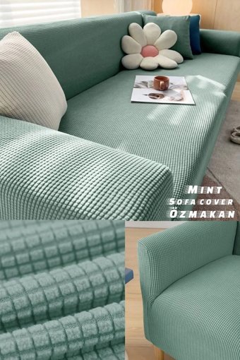 Özmakan Pamuklu - Polyester Likralı Jakarlı Süngersiz Petek Desenli Giydirmeli Yeşil Tekli Koltuk Örtüsü 180x230 cm