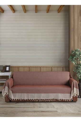 Lux Touch Pamuklu Püsküllü Süngersiz Geometrik Desenli Kiremit Tekli Koltuk Örtüsü 180x300 cm