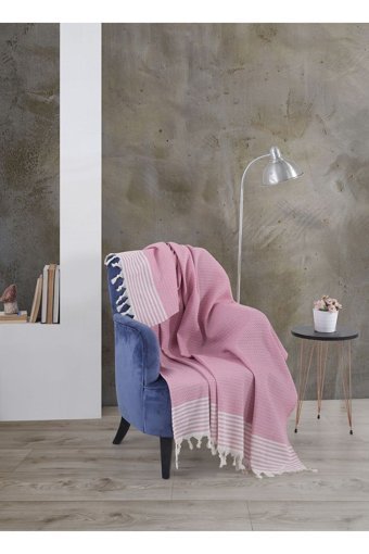 Lux Touch Bergama Pamuklu Püsküllü Süngersiz Geometrik Desenli Pembe Tekli Koltuk Örtüsü 150x180 cm