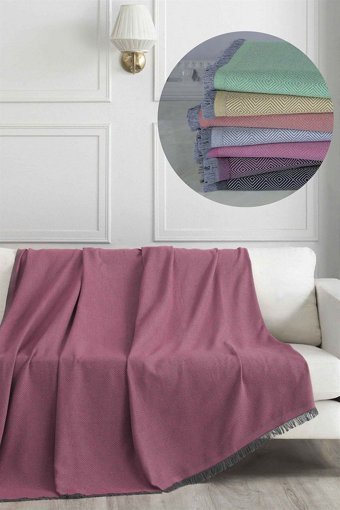 Denizli Concept Pamuklu - Polyester Kanvas Saçaklı Süngersiz Geometrik Desenli Pembe Üçlü Koltuk Örtüsü 175x230 cm
