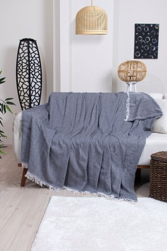 Ramsa Tekstil Naturel Pamuklu Örgü Saçaklı Süngersiz Geometrik Desenli Siyah Tekli Koltuk Örtüsü 170x210 cm