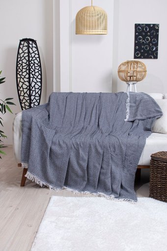 Ramsa Tekstil Naturel Pamuklu Örgü Saçaklı Süngersiz Geometrik Desenli Siyah Tekli Koltuk Örtüsü 170x210 cm