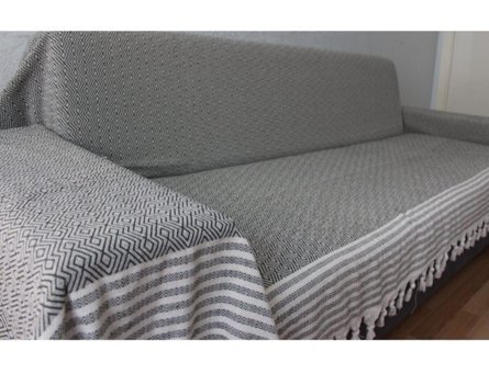 Coperta Pamuklu Kanvas Püsküllü Süngersiz Armürlü Haki Üçlü Koltuk Örtüsü 175x315 cm