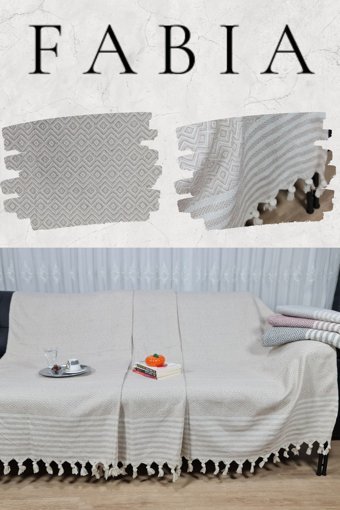 Fabia Home Pamuklu Örgü Püsküllü Süngersiz Armürlü Gri Tekli Koltuk Örtüsü 170x210 cm