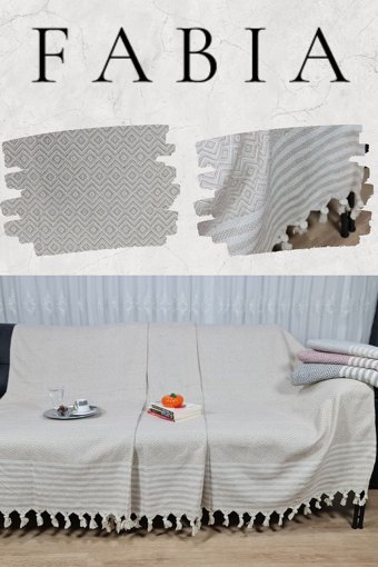Fabia Home Pamuklu Örgü Püsküllü Süngersiz Armürlü Gri Tekli Koltuk Örtüsü 170x210 cm