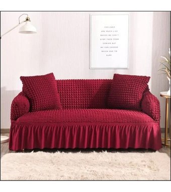 Güzel Aral GA-290 Pamuklu - Polyester Bürümcük Fırfırlı Kapitone Giydirmeli Lastikli Bordo Üçlü Koltuk Örtüsü 180x230 cm